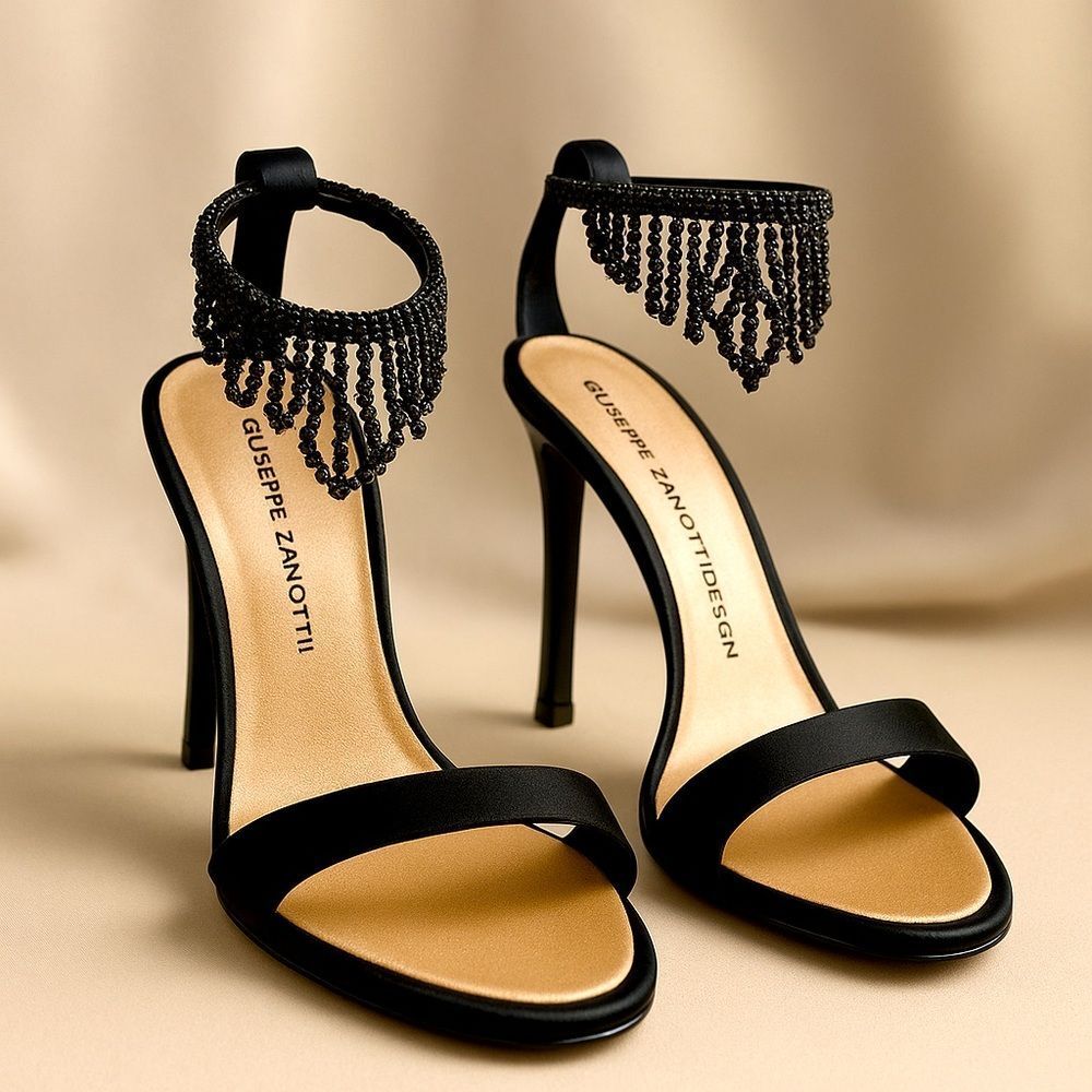 Rare Y2K Giuseppe Zanotti Vicini Black Satin Rhinestone Ankle Strap Heels Italy